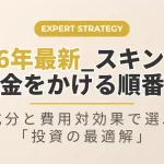 2026年最新版：スキンケアでお金をかける順番を成分と費用対効果の観点から解説したアイキャッチ画像。美容液とクレンジングへの投資を推奨する内容。