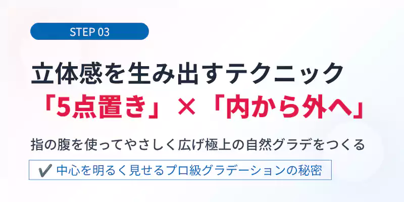 ステップ3:5点置きと内側から外側へ伸ばす塗り方の解説バナー